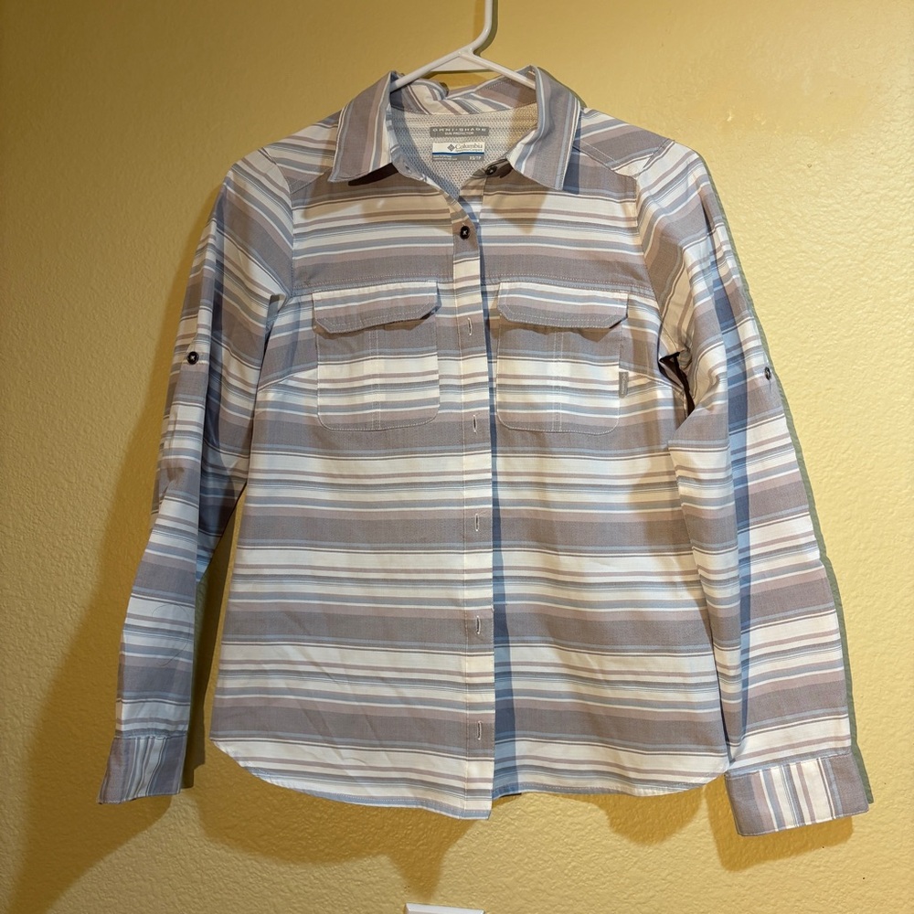 Columbia Omni Shade Sun Protection Purple Grey Striped Button Up Long Sleeve XS